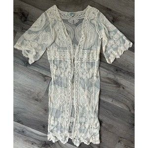White Ivory Lace Boho Bridal Coverup Kimono Caftan Robe Romantic Women’s Sz S